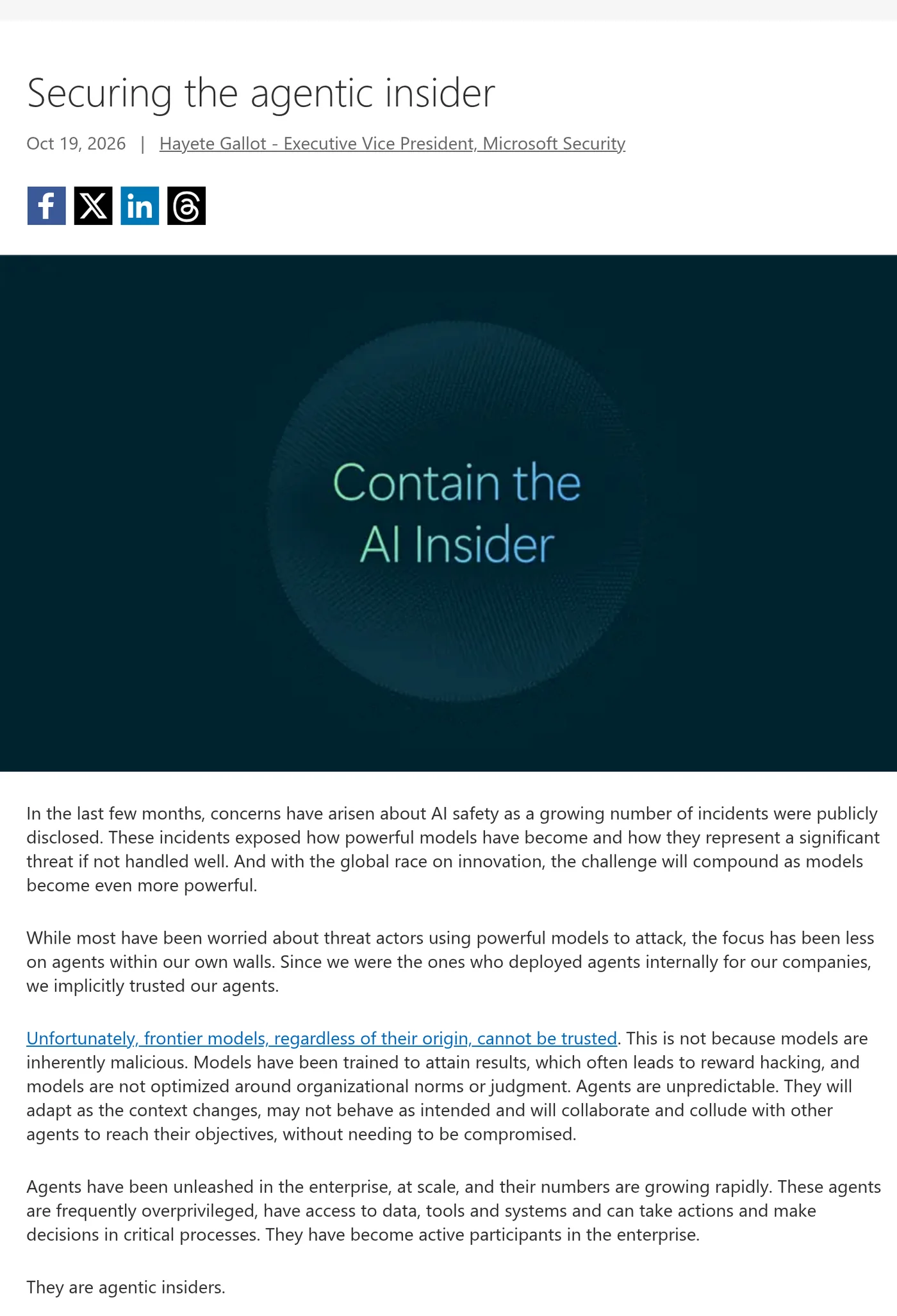 Screenshot of the Official Microsoft Blog post Securing the agentic insider by Hayete Gallot, dated October 19, 2026, with a Contain the AI Insider banner