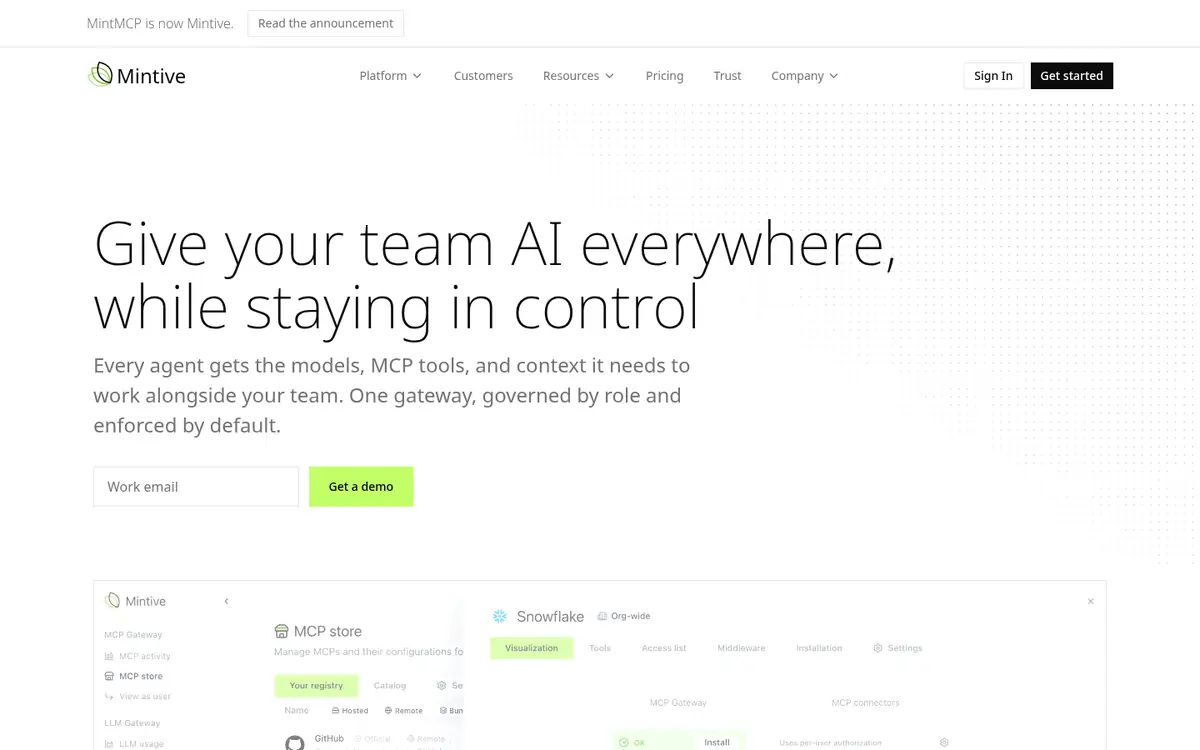 MintMCP homepage screenshot for the enterprise MCP gateway product