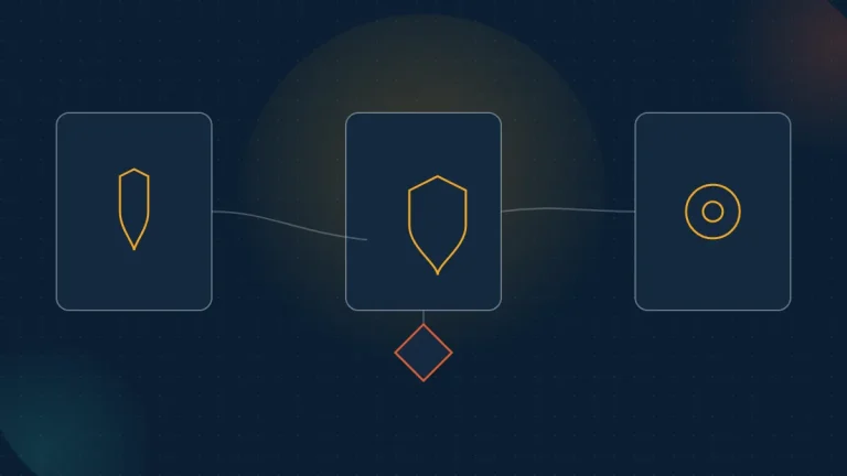Abstract navy illustration of three MCP security platforms converging on a comparison diamond