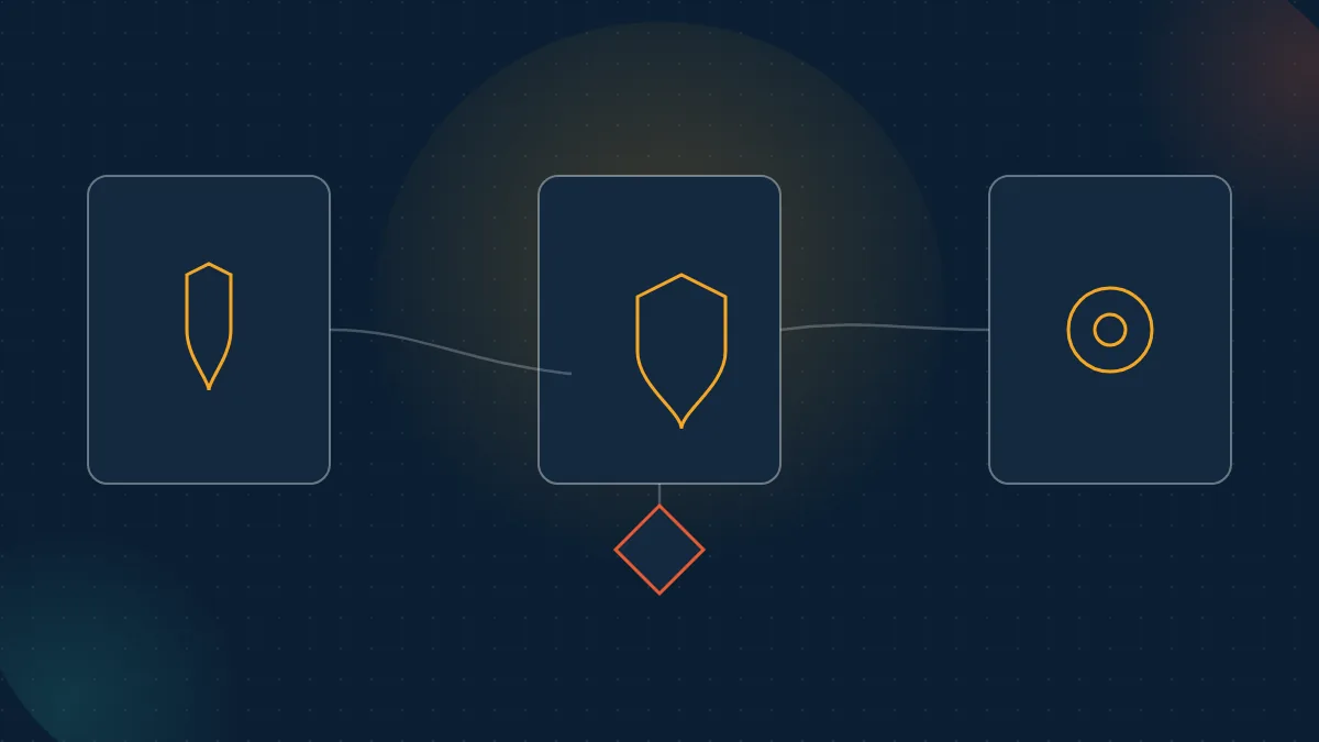 Abstract navy illustration of three MCP security platforms converging on a comparison diamond