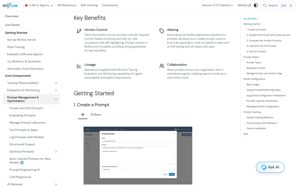 MLflow Prompt Registry docs listing version control, aliasing, lineage, and collaboration