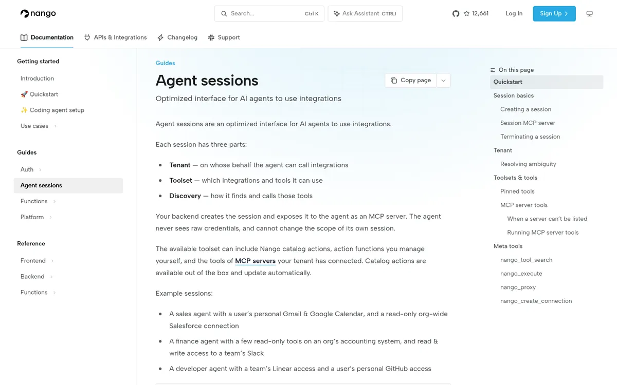 Nango docs page explaining agent sessions with tenant, toolset, and discovery settings