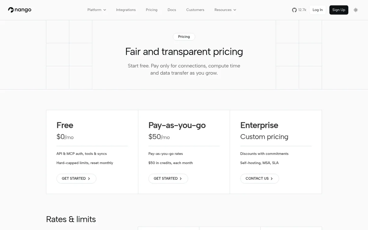 Nango pricing page showing Free, pay as you go, and Enterprise