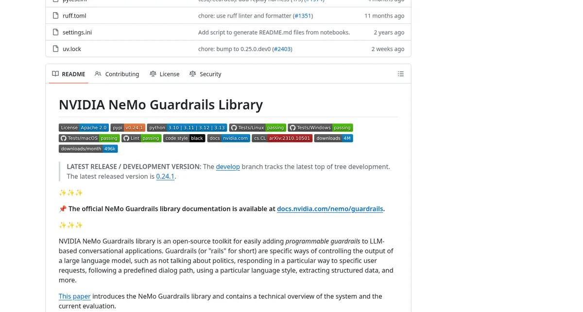 NVIDIA NeMo Guardrails Library README on GitHub with license badges and a project description