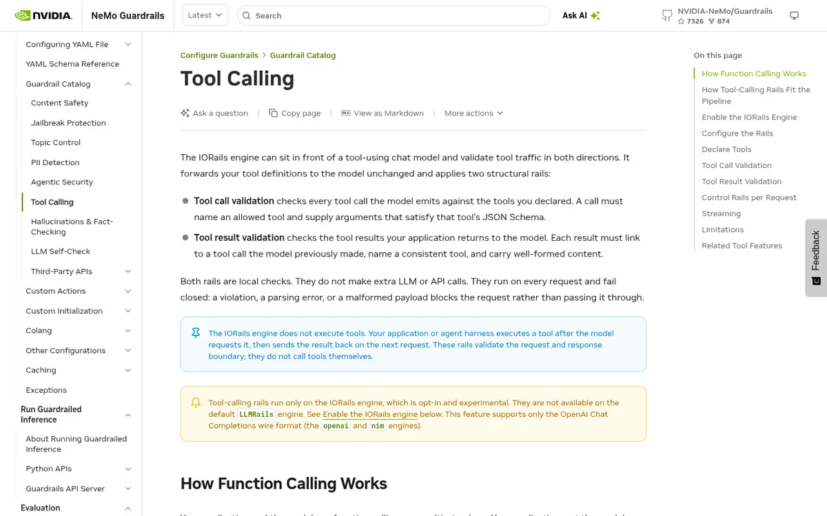 NVIDIA NeMo Guardrails tool calling documentation for IORails validation