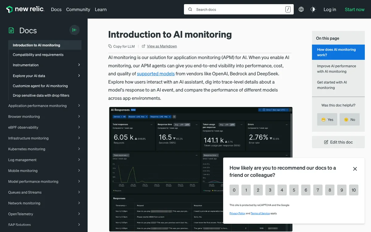 New Relic documentation introducing AI monitoring for APM