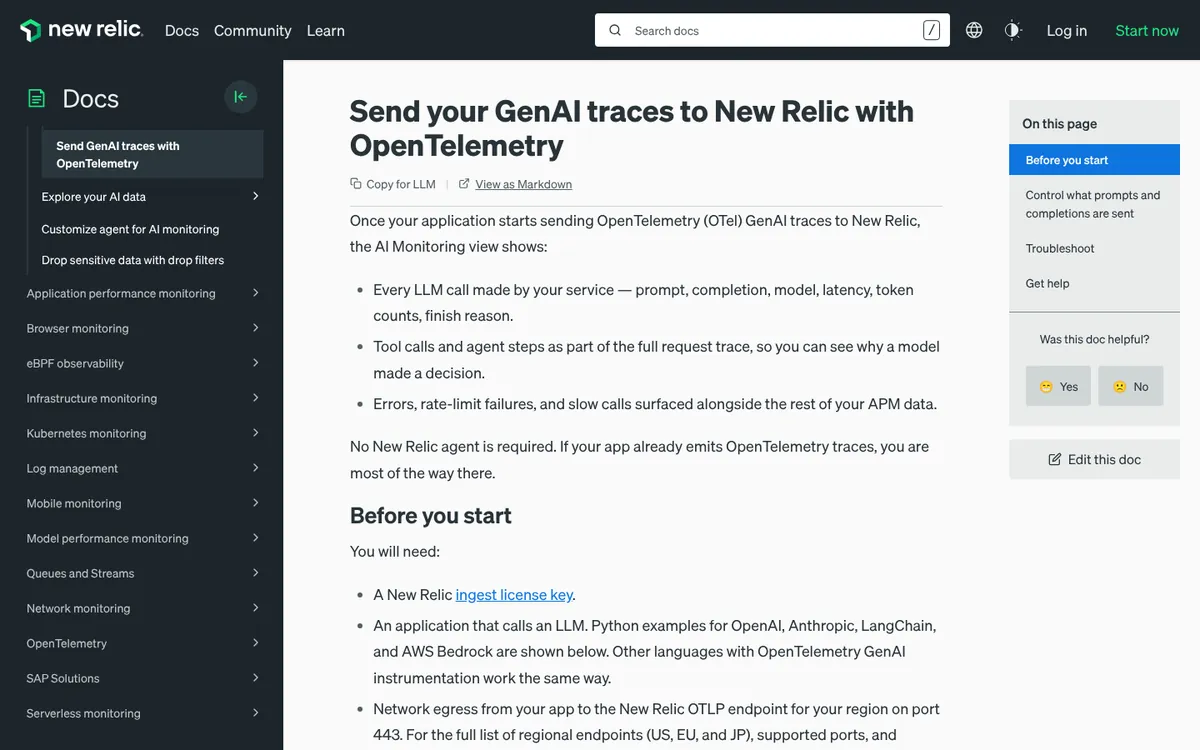 New Relic documentation for sending GenAI OpenTelemetry traces to AI Monitoring