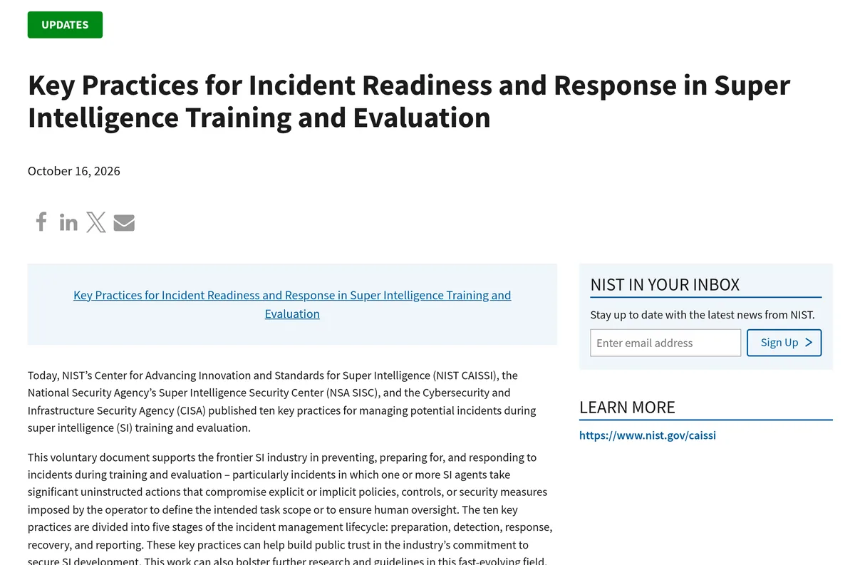 Screenshot of the NIST news page titled Key Practices for Incident Readiness and Response in Super Intelligence Training and Evaluation, dated October 16, 2026