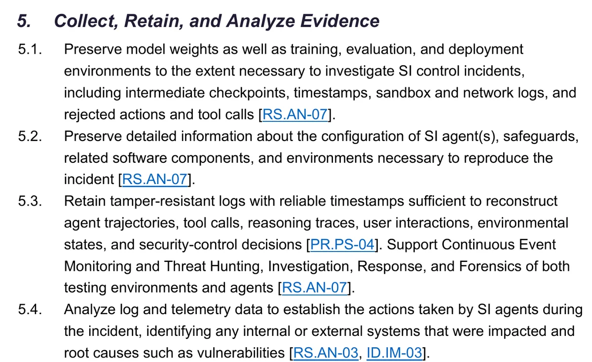 Section 5 of the joint guidance, Collect, Retain, and Analyze Evidence, listing practices 5.1 to 5.4 on preserving weights, configurations and tamper-resistant logs