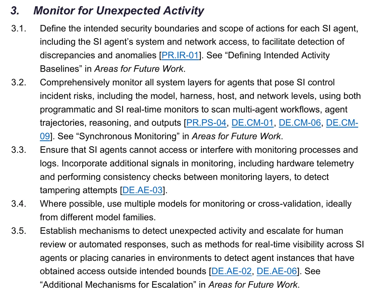 Section 3 of the joint guidance, Monitor for Unexpected Activity, listing practices 3.1 to 3.5 on boundaries, layered monitoring, tamper detection, multiple models and canaries