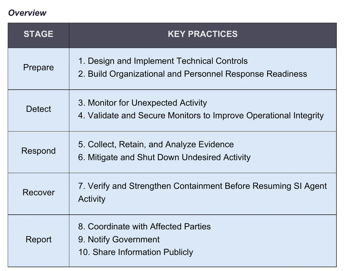 Overview table from the joint guidance listing five stages, Prepare, Detect, Respond, Recover and Report, and the ten key practices under them