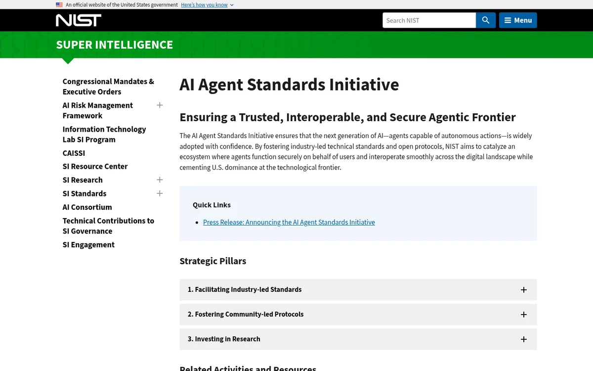 NIST AI Agent Standards Initiative page with its three strategic pillars