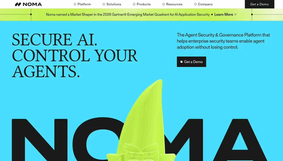 Noma Security homepage describing its agent security and governance platform