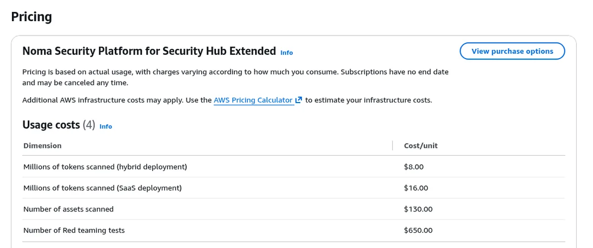 Noma Security AWS Marketplace pricing table for Security Hub Extended usage costs