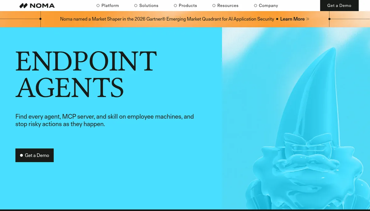 Noma Security endpoint agents page for securing Claude Code, Cursor, and MCP on laptops