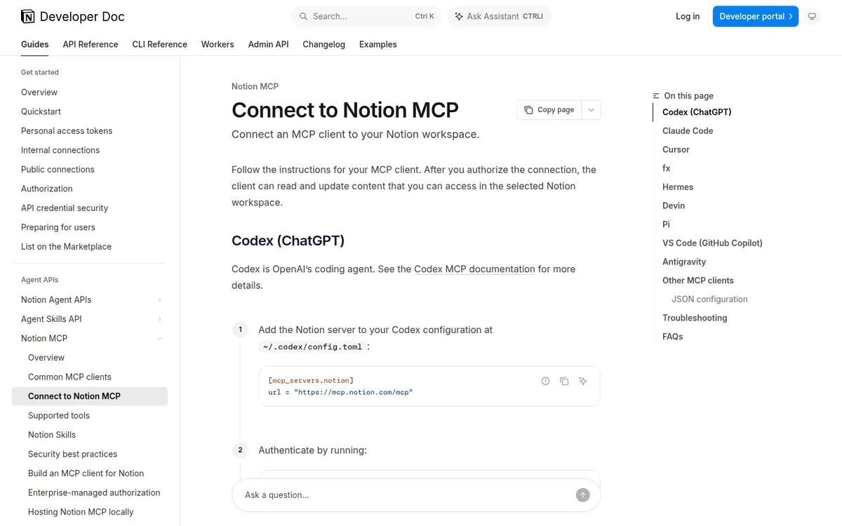 Notion developer docs page explaining how to connect clients to Notion MCP