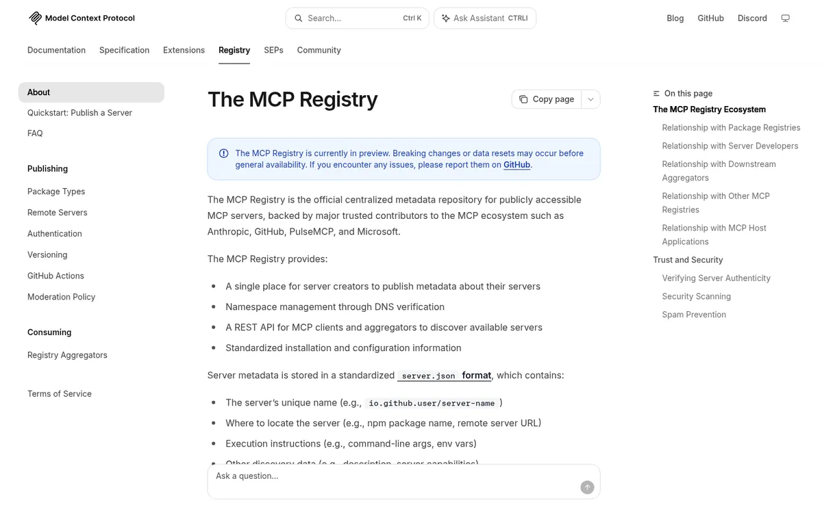 Official MCP Registry about page describing namespace verification and preview status
