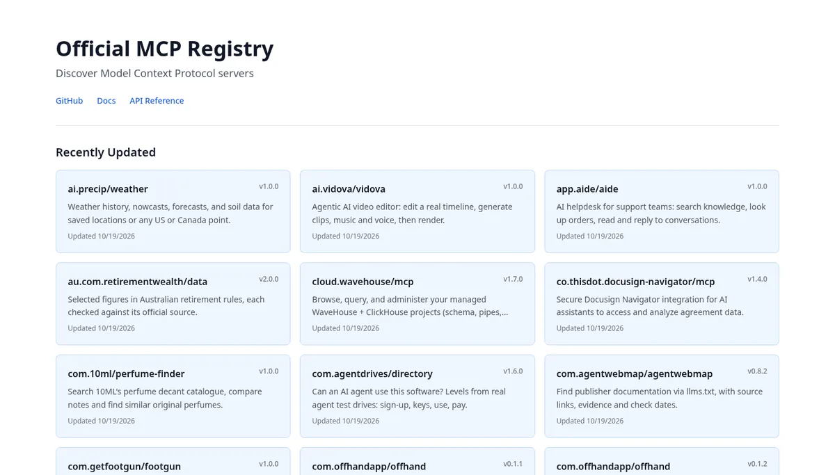 Official MCP Registry homepage listing recently updated Model Context Protocol servers