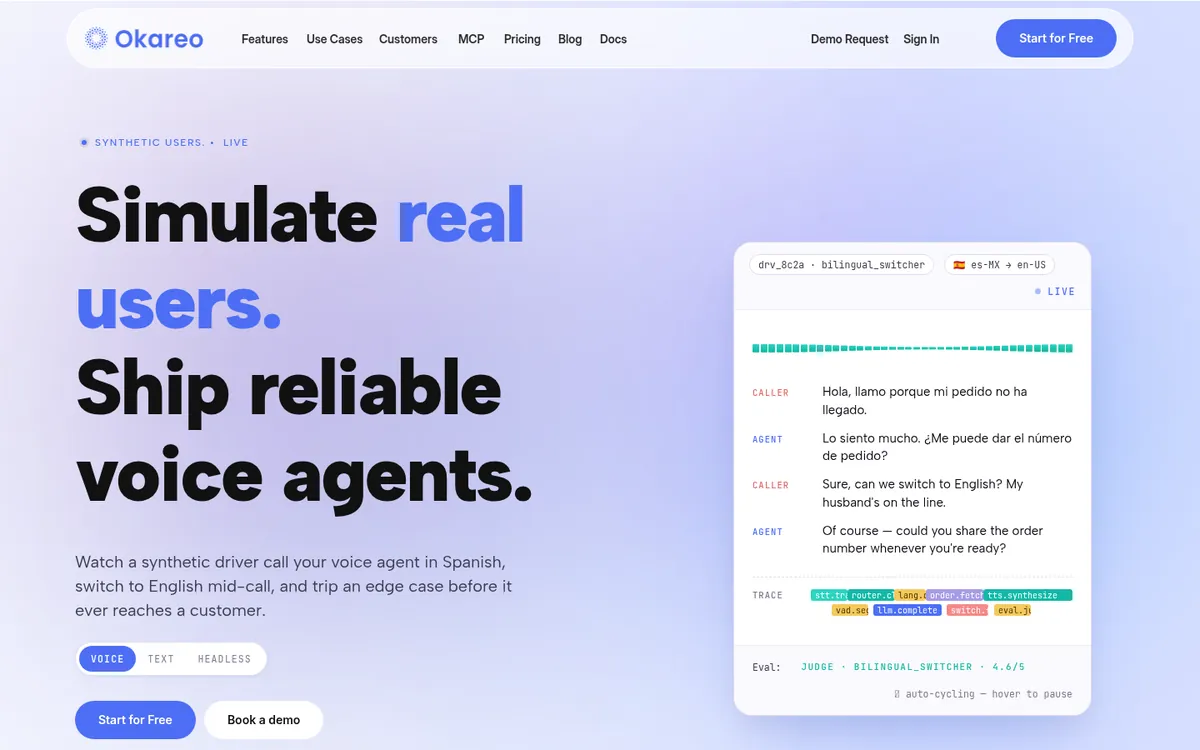 Okareo voice agent simulation homepage with synthetic Drivers