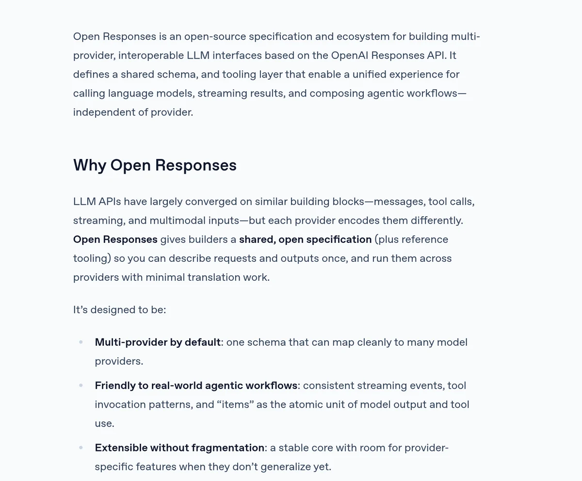 Screenshot of the Open Responses website overview describing an open specification based on the OpenAI Responses API, with a Why Open Responses section listing multi-provider, agentic workflow, and extensibility goals