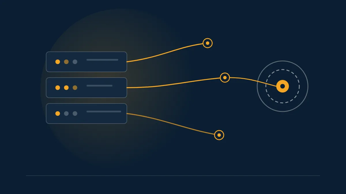 Navy diagram of three self-host server racks sending amber traces into an open observability ring