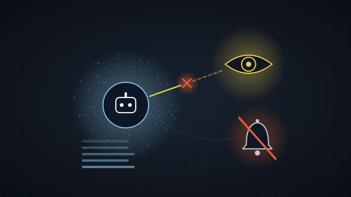 Abstract illustration of an AI agent node whose cable to a watching eye is cut, beside a muted alert bell, on a dark field
