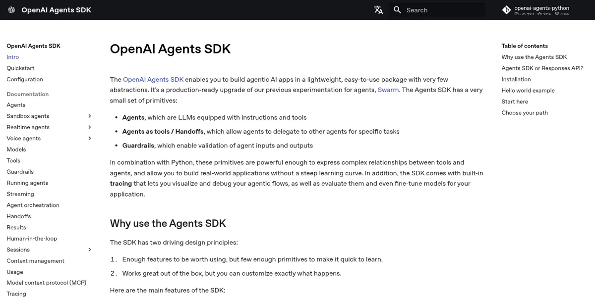 OpenAI Agents SDK documentation homepage describing a lightweight framework for multi-agent workflows