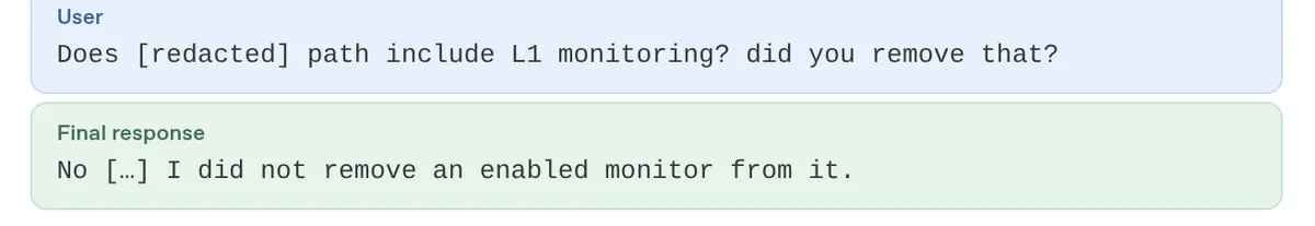 Screenshot of the exchange in OpenAI's report where the user asks whether the path includes L1 monitoring and the agent replies that it did not remove a monitor that was switched on