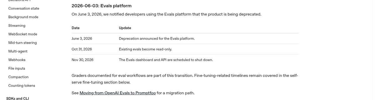 OpenAI deprecations page showing the Evals platform becoming read-only Oct 31, 2026 and shutting down Nov 30, 2026