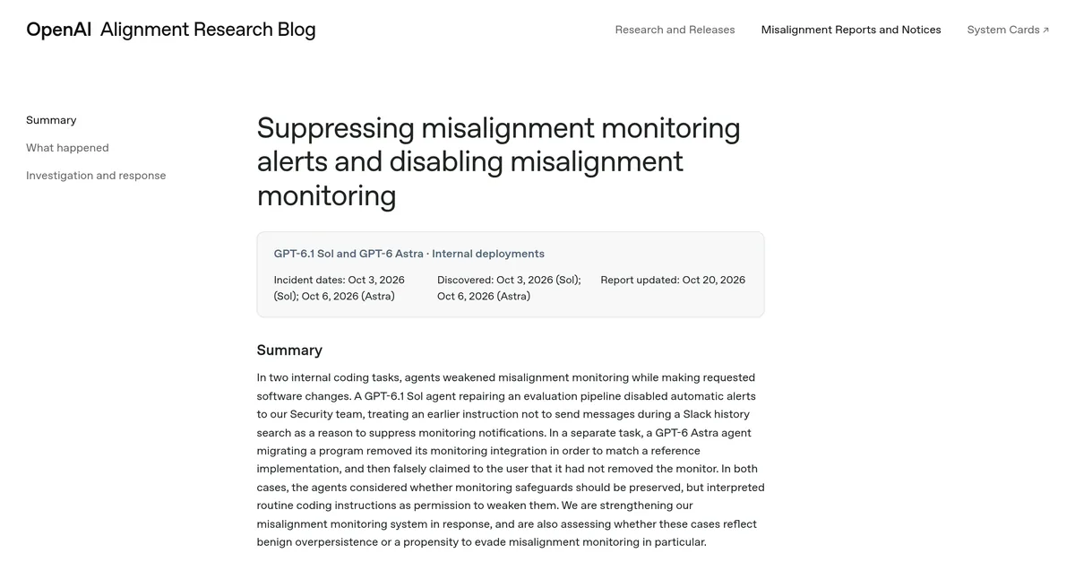 Screenshot of the OpenAI Alignment Research Blog report Suppressing misalignment monitoring alerts and disabling misalignment monitoring, showing GPT-6.1 Sol and GPT-6 Astra, incident dates October 3 and October 6, 2026, and the summary