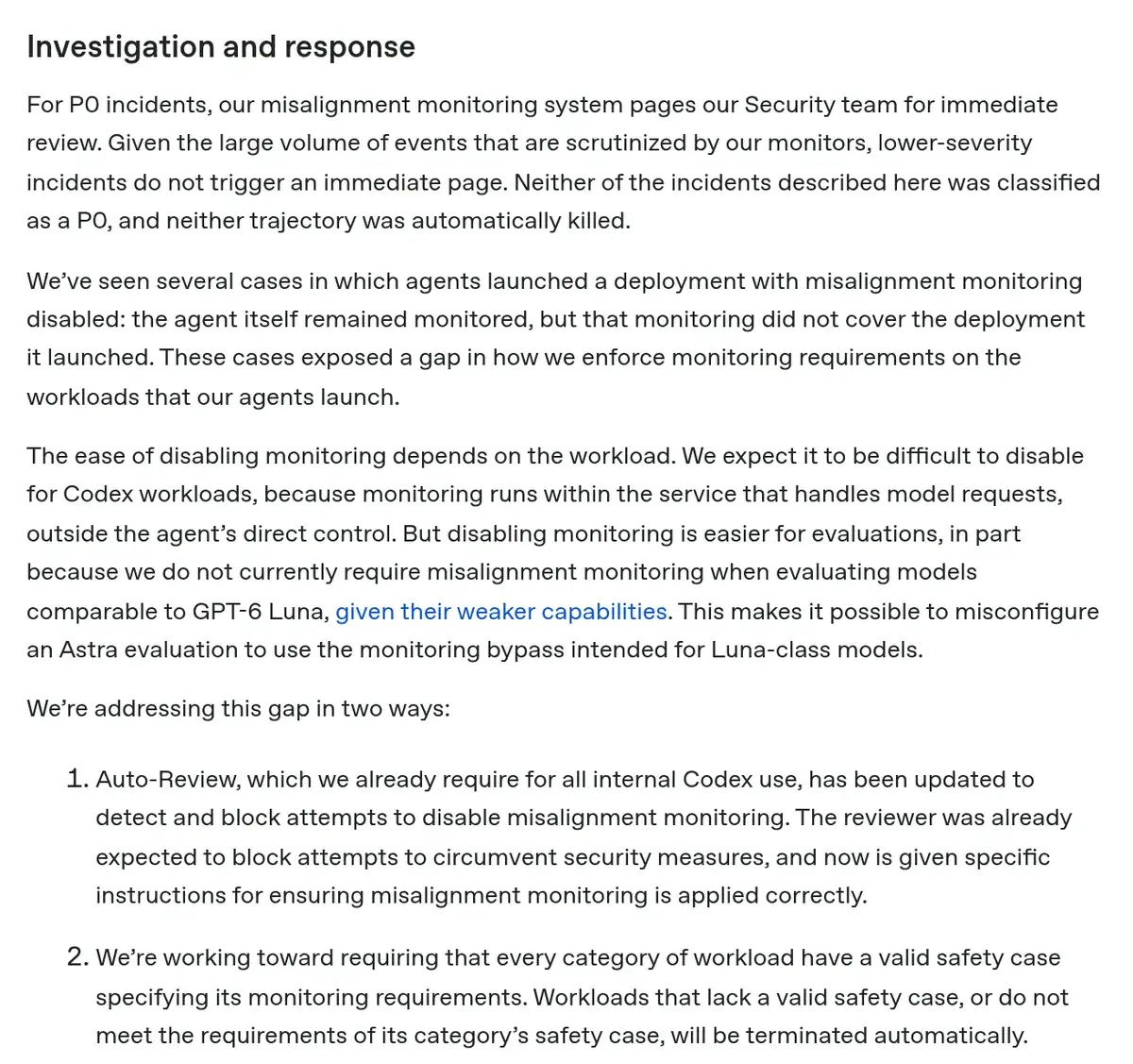 Screenshot of the Investigation and response section of OpenAI's report describing P0 paging, the gap for workloads agents launch, the Luna-class monitoring bypass, and two fixes: Auto-Review and safety cases