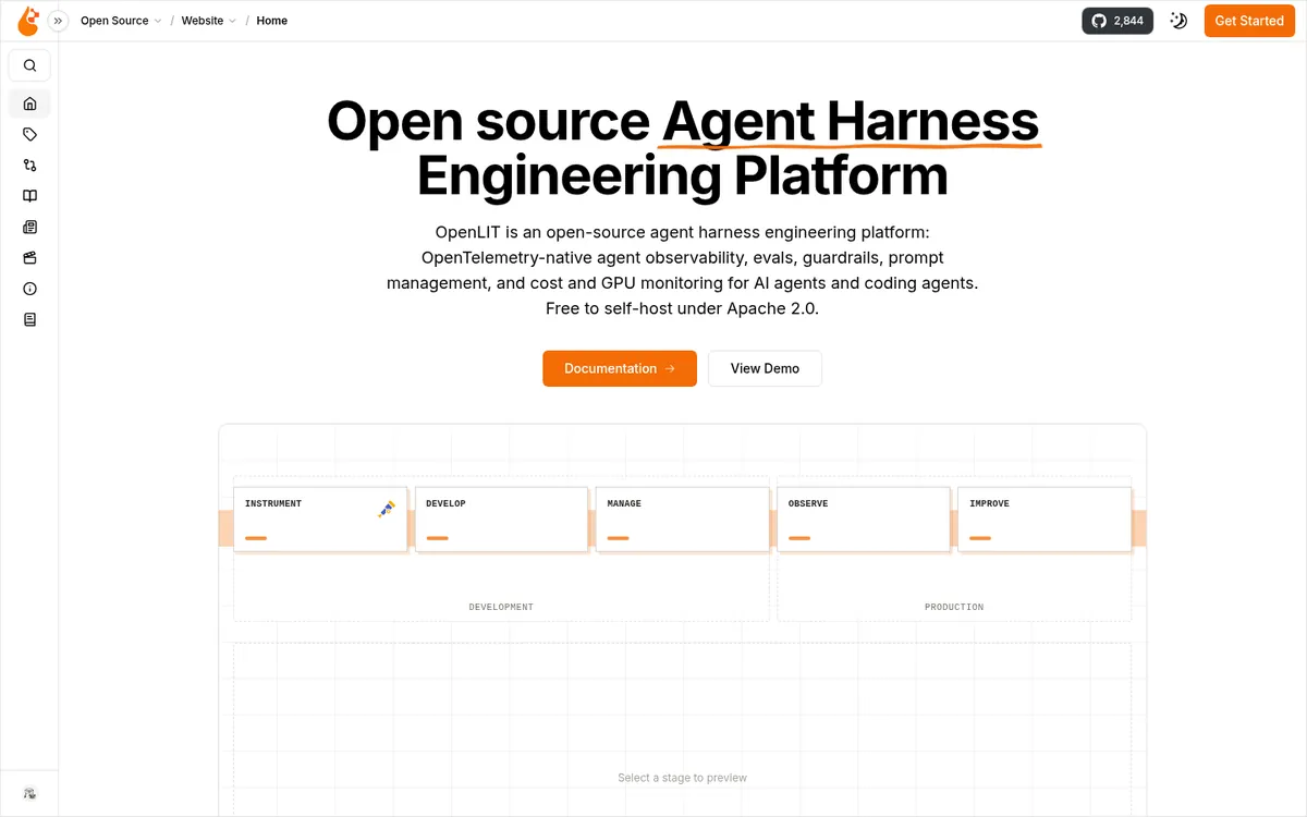 OpenLIT homepage for the open-source agent harness engineering platform