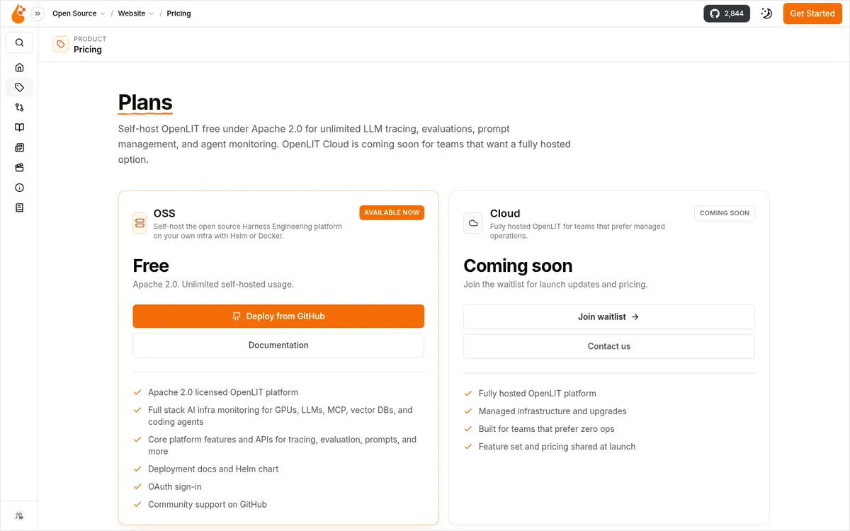 OpenLIT pricing page showing free Apache 2.0 self-host and Cloud coming soon