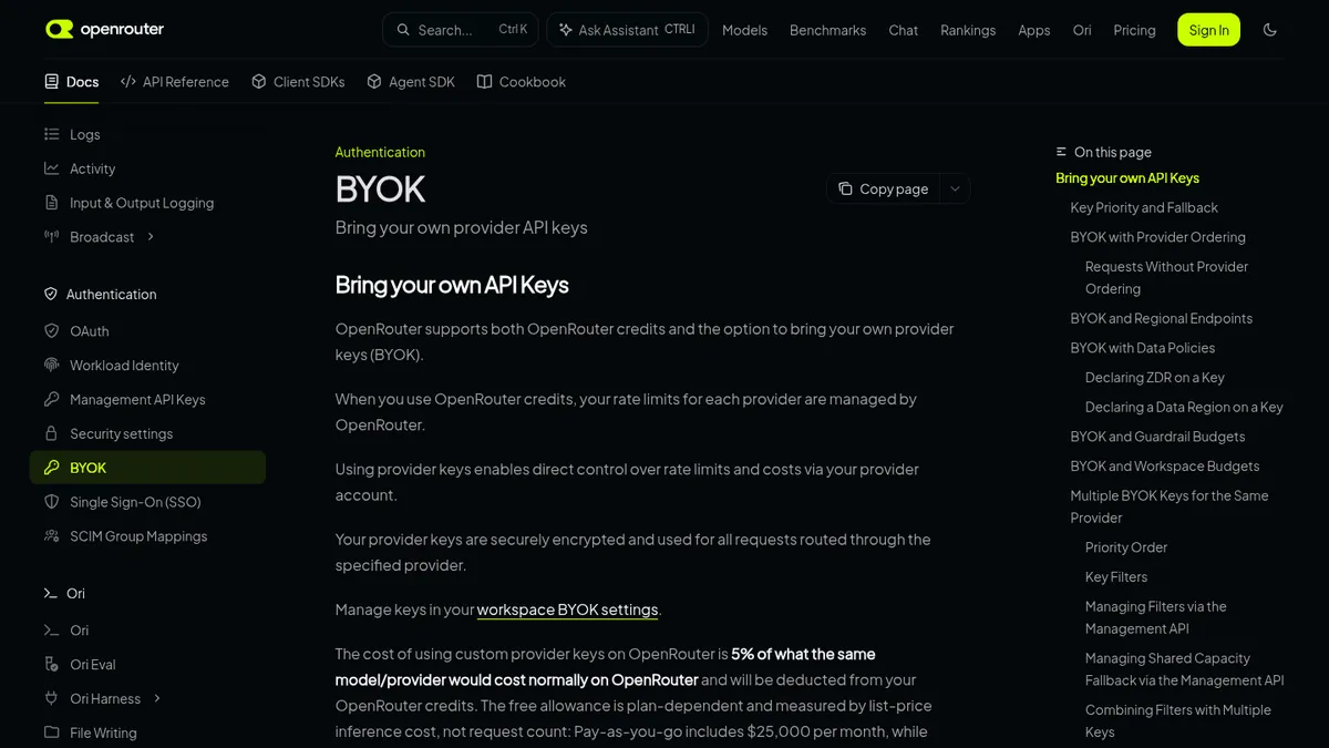 OpenRouter BYOK documentation describing allowances and key priority sections