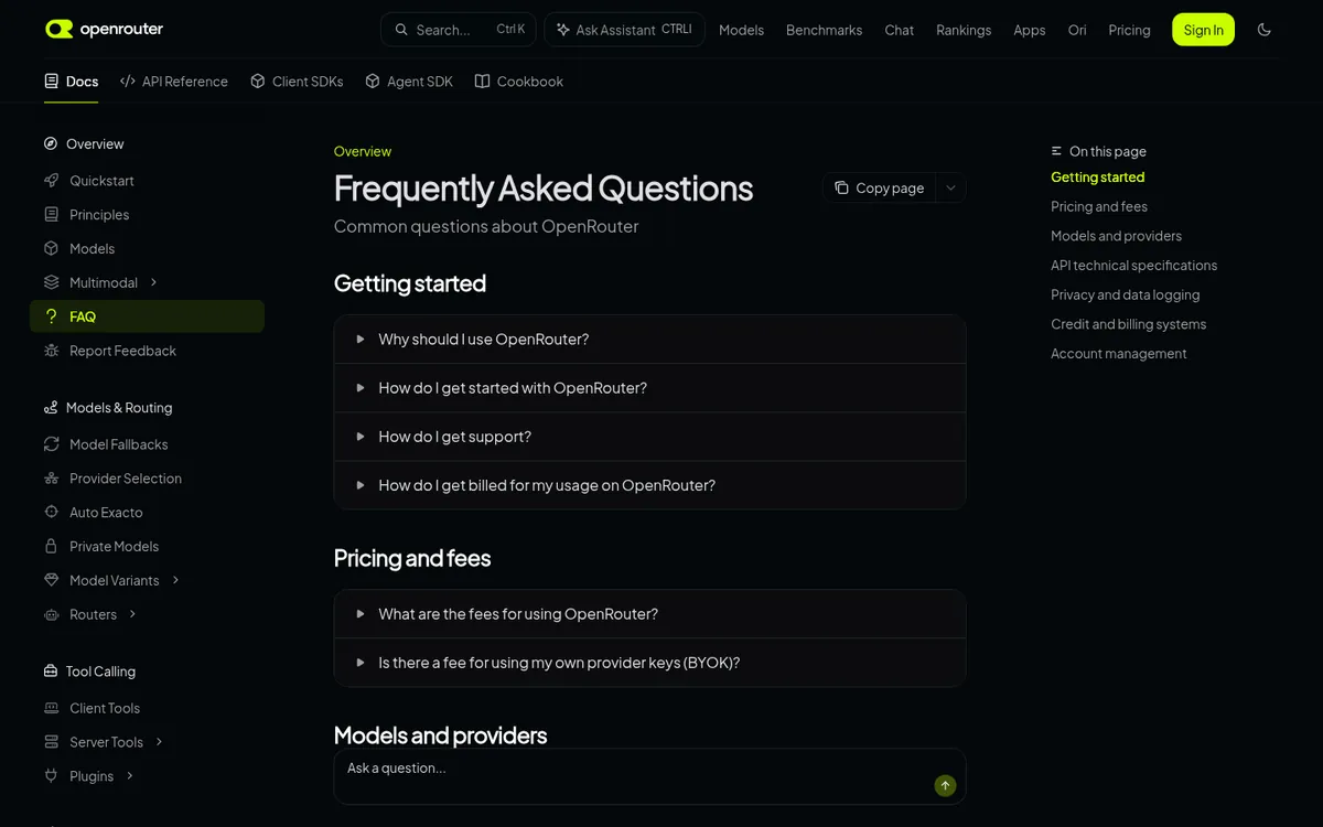 OpenRouter FAQ page covering pricing and fees