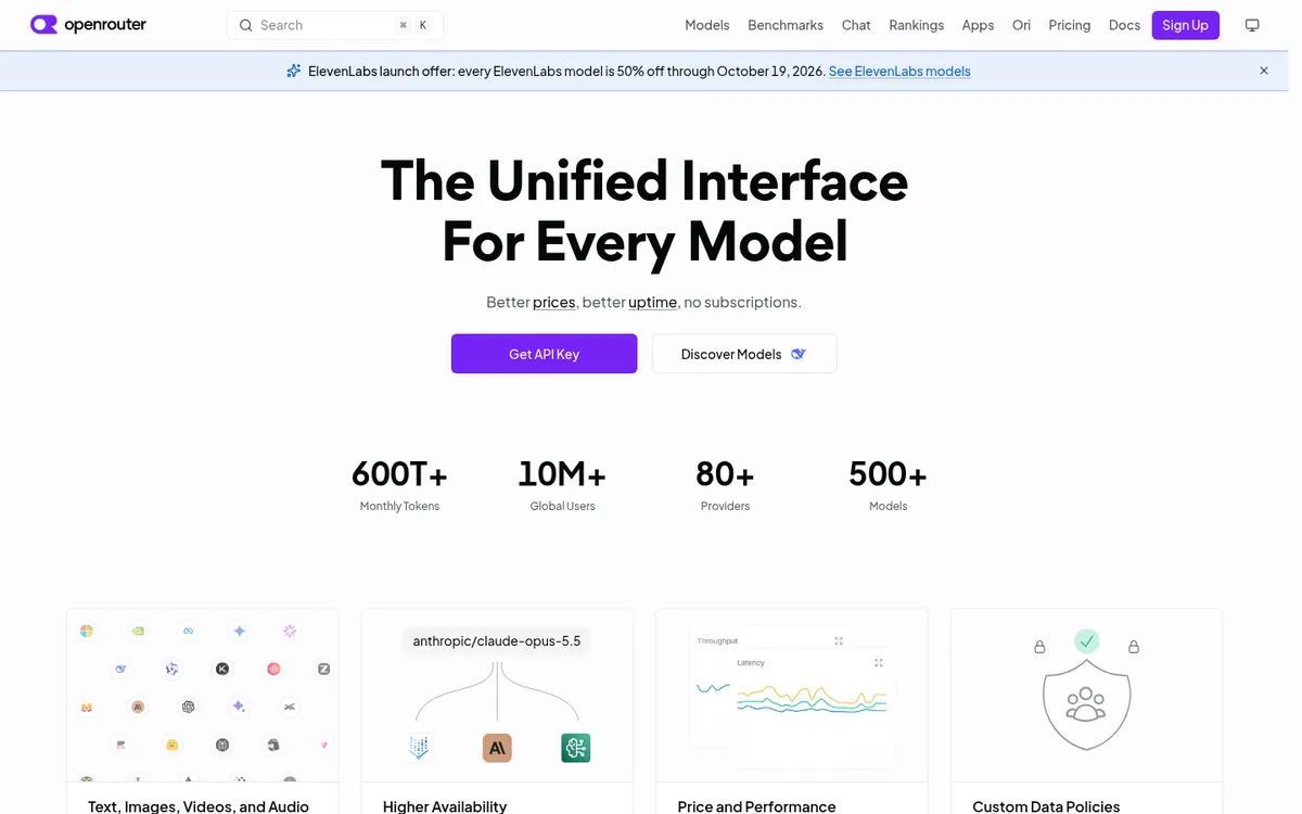 OpenRouter homepage showing its unified interface for every model