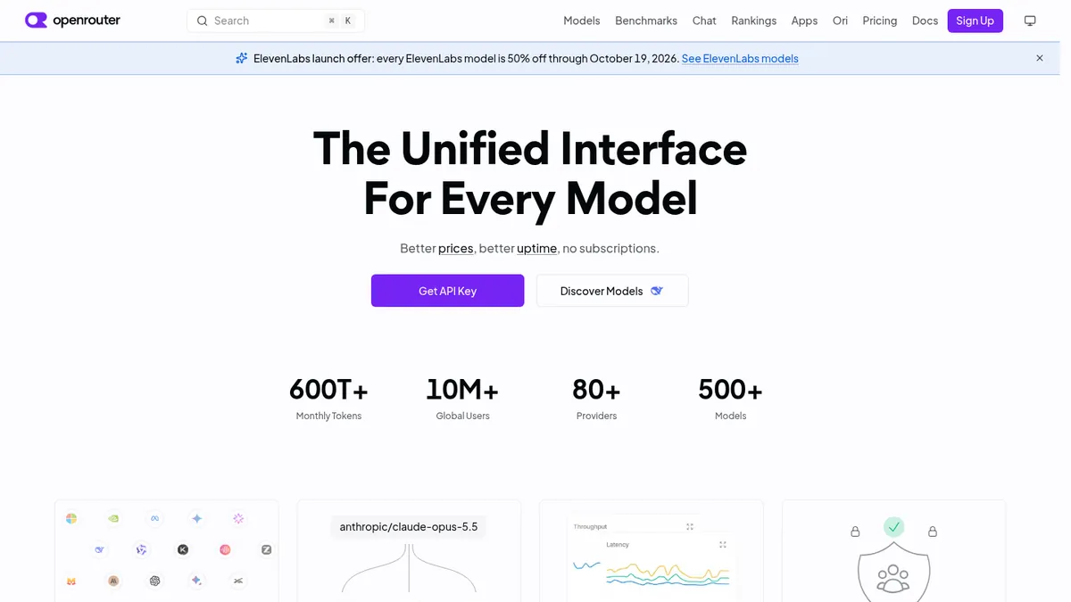 OpenRouter homepage for unified access to many LLM models