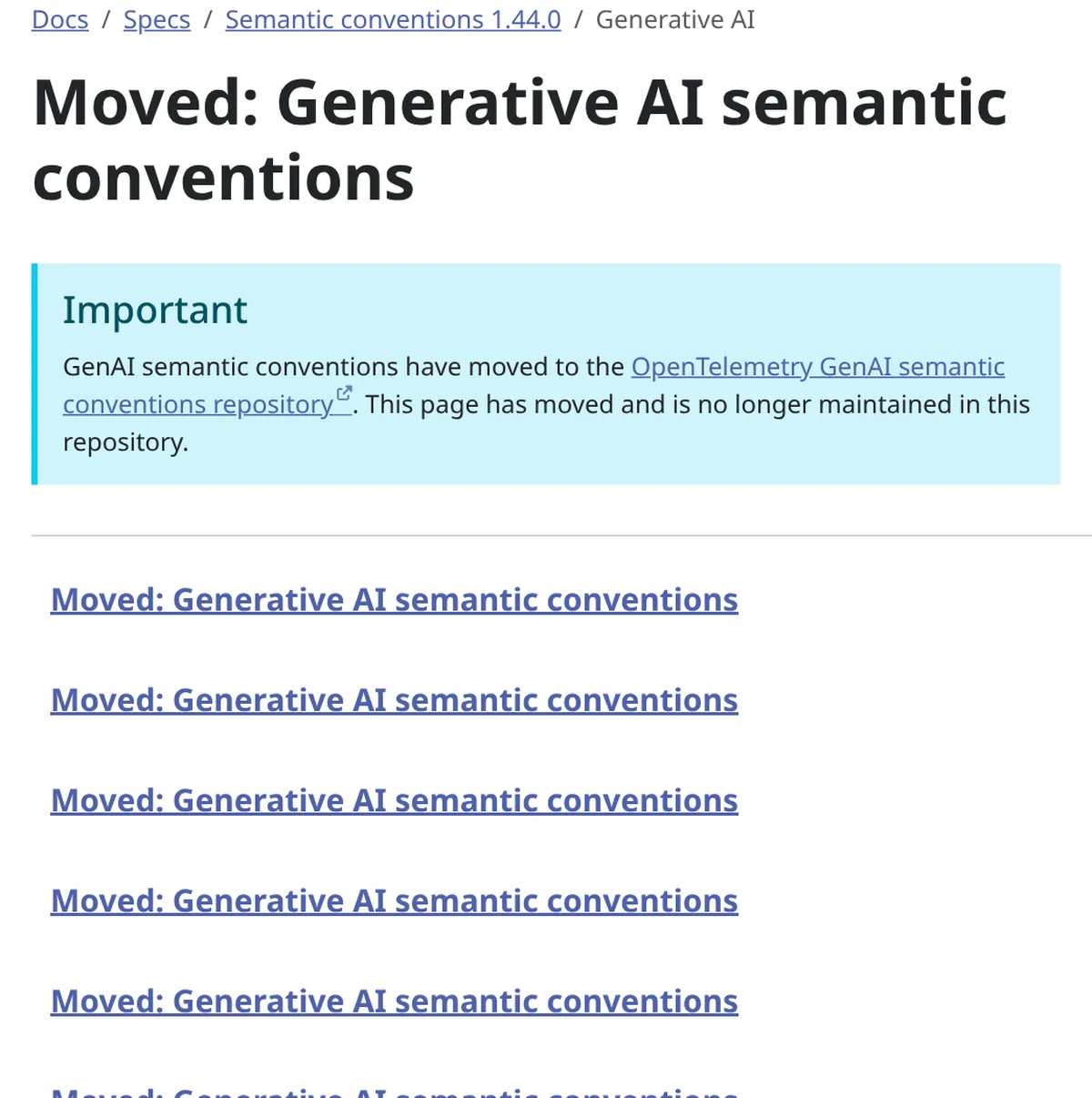 Screenshot of the OpenTelemetry documentation page for GenAI semantic conventions, describing shared attribute names for generative AI spans across providers