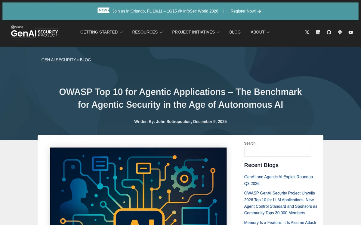 OWASP GenAI Security Project announcement of the Top 10 for Agentic Applications