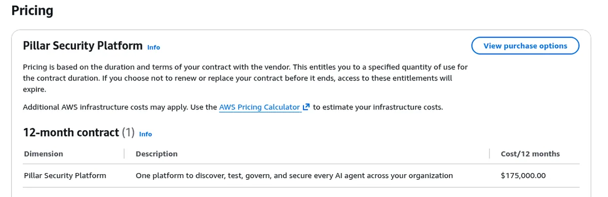 Pillar Security AWS Marketplace listing with a $175,000 12-month contract