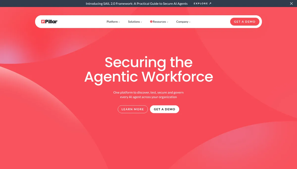 Pillar Security homepage hero reading Securing the Agentic Workforce