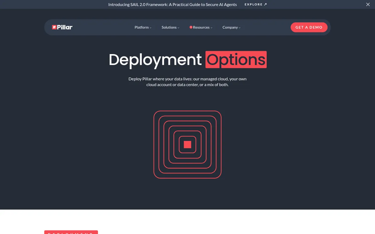 Pillar Security deployment options page for cloud, self-hosted, and hybrid