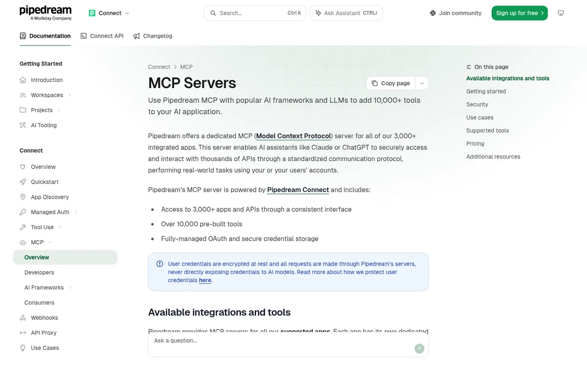 Pipedream docs page for MCP servers powered by Pipedream Connect