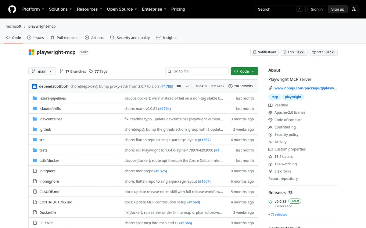 Microsoft Playwright MCP GitHub repository page with release and license details