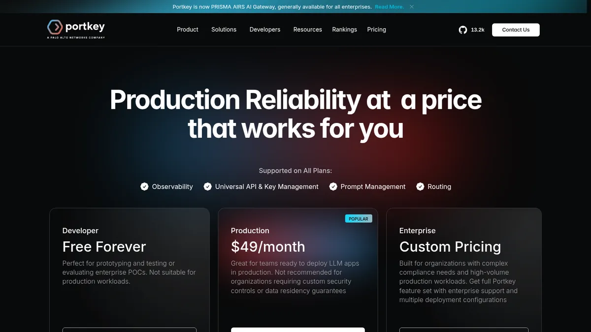 Portkey pricing page showing Developer, Production, and Enterprise plan cards
