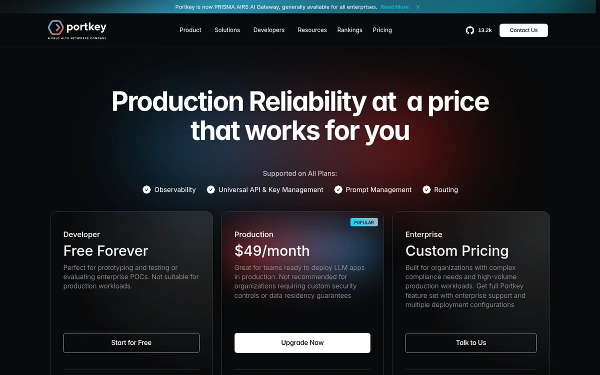 Portkey pricing page with Developer, Production, and Enterprise plans