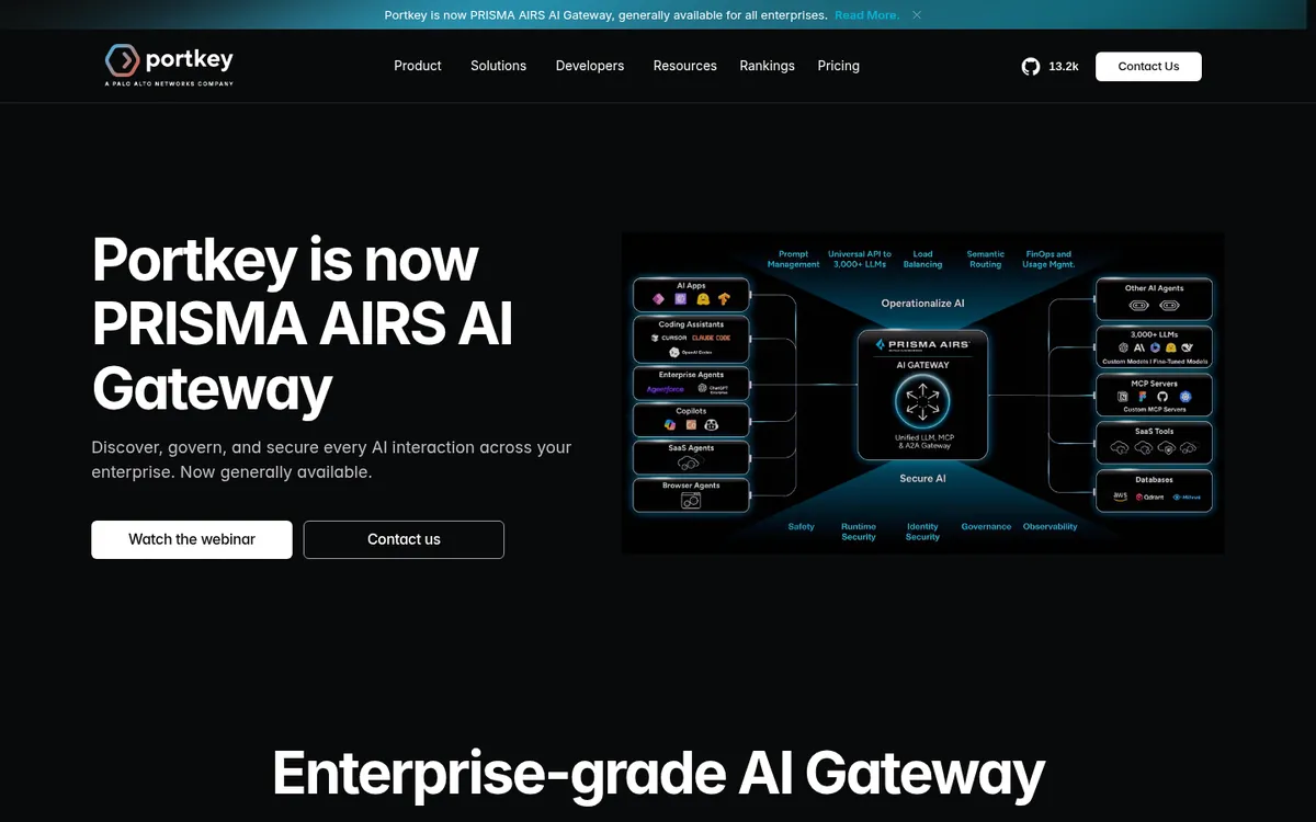 Portkey AI gateway page announcing Prisma AIRS AI Gateway