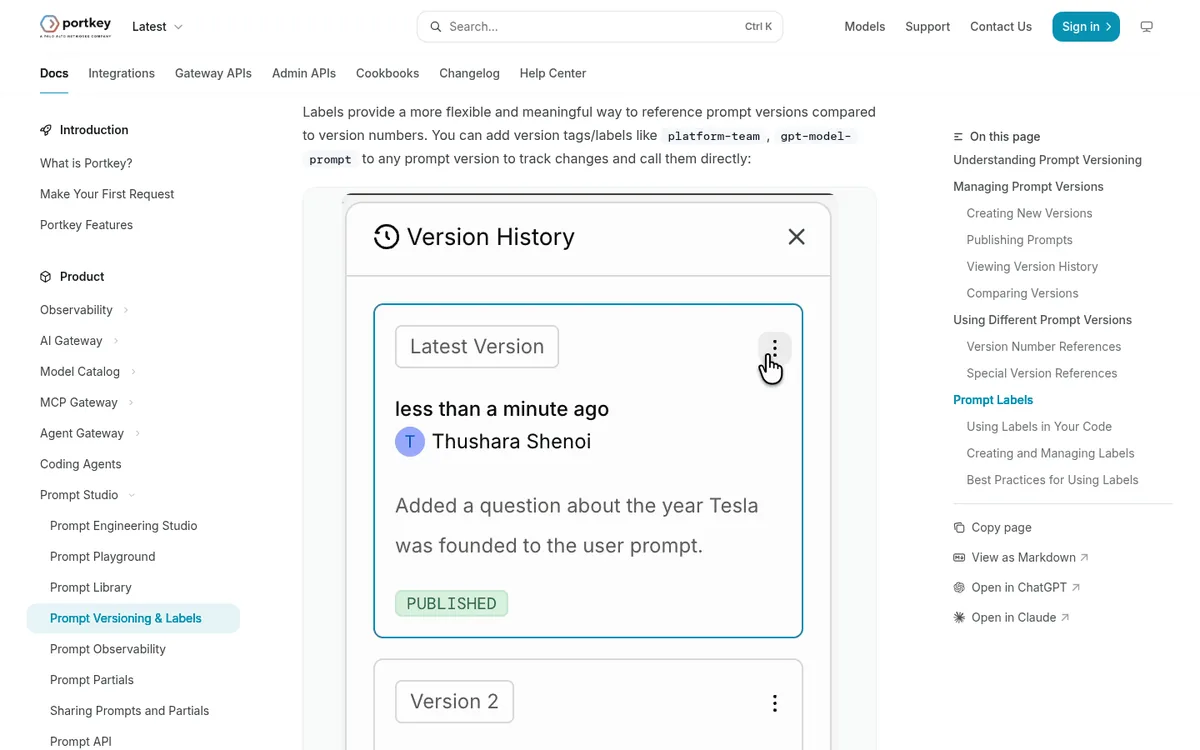Portkey prompt versioning docs showing version history with a published prompt version