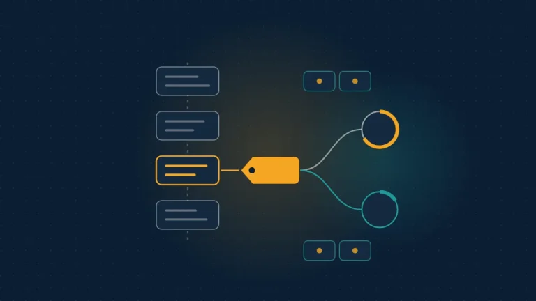 Abstract navy scene with stacked prompt version cards, an amber label tag, and two traffic gauges