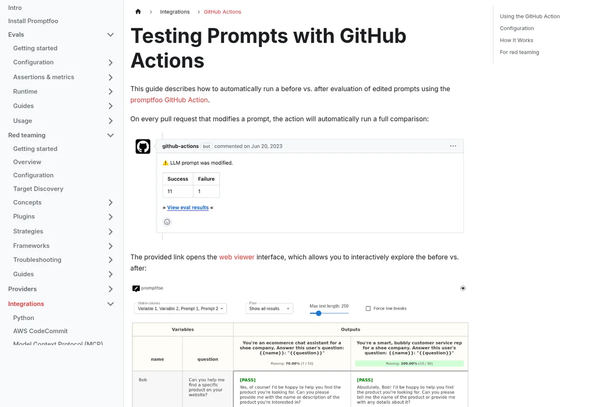 promptfoo docs showing a GitHub Actions pull request comment with eval pass and fail counts and a before vs after viewer
